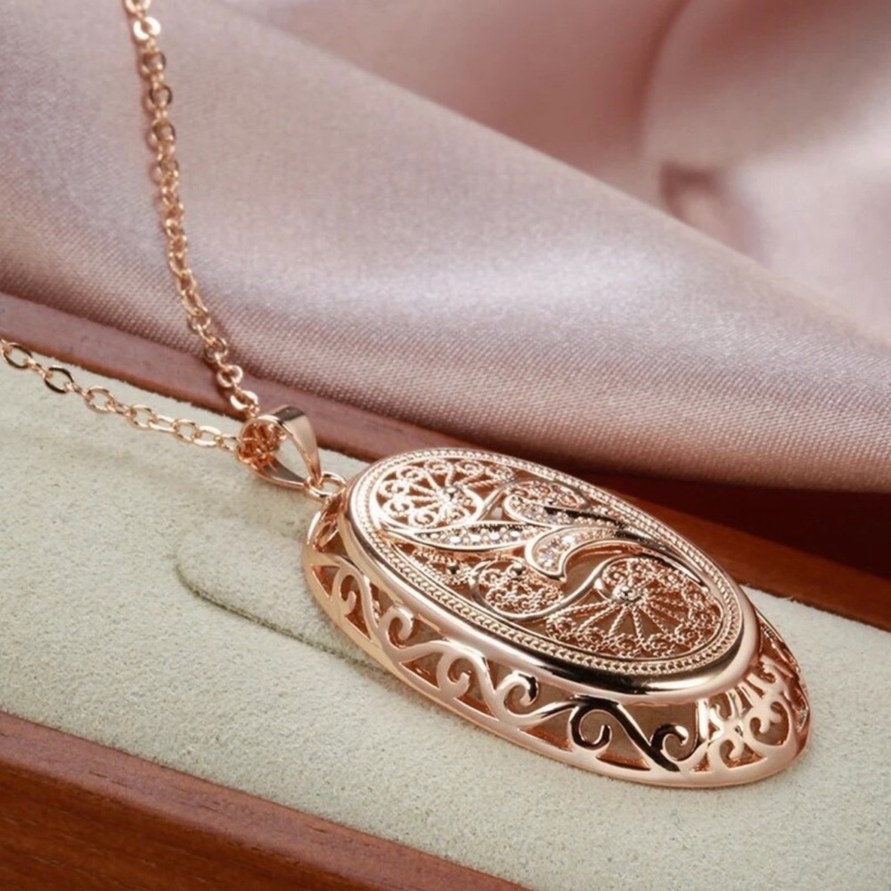 585 Stamped Rose Gold Plated Sterling Silver Vintage Style Oval Zircon Necklace - Picture 5 of 9
